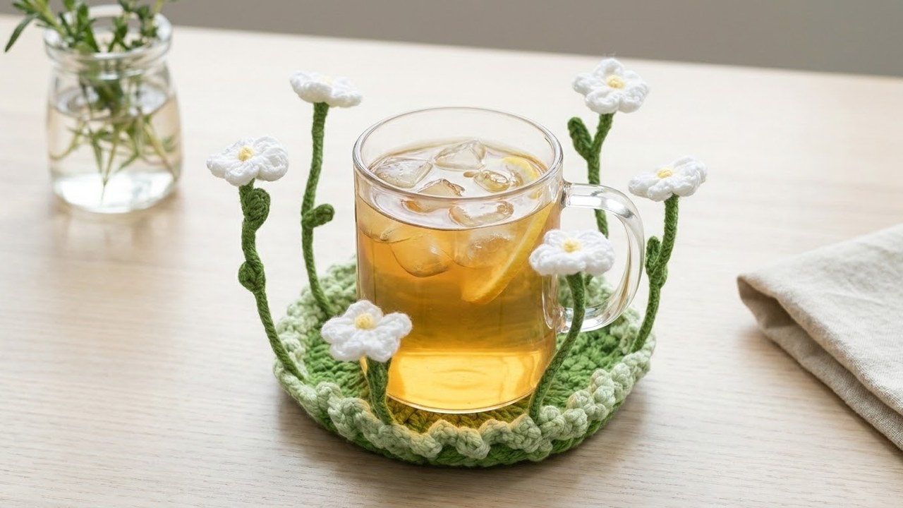Daisy Pop-Up Coaster blooming 90 degrees around a clear glass of iced chamomile-lemon tea