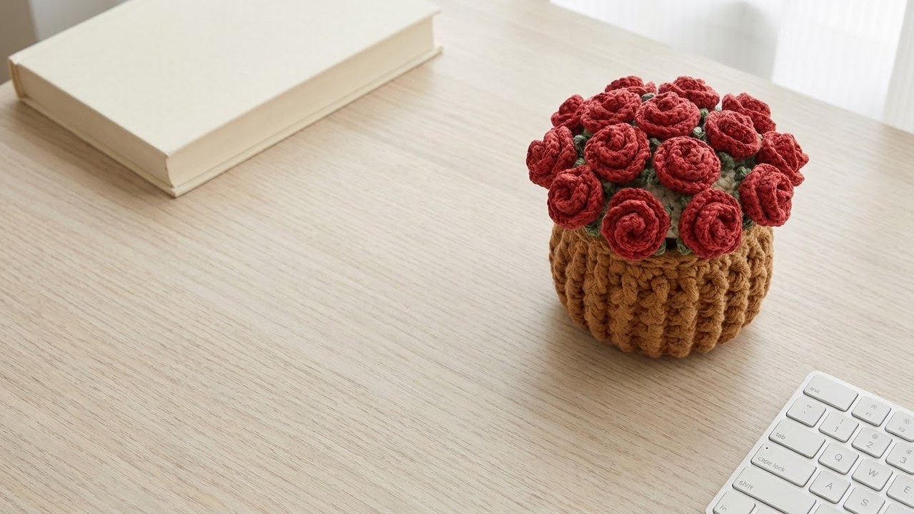 12-rose cotton coaster tucked into its mini brown crocheted pot on a sunny desk