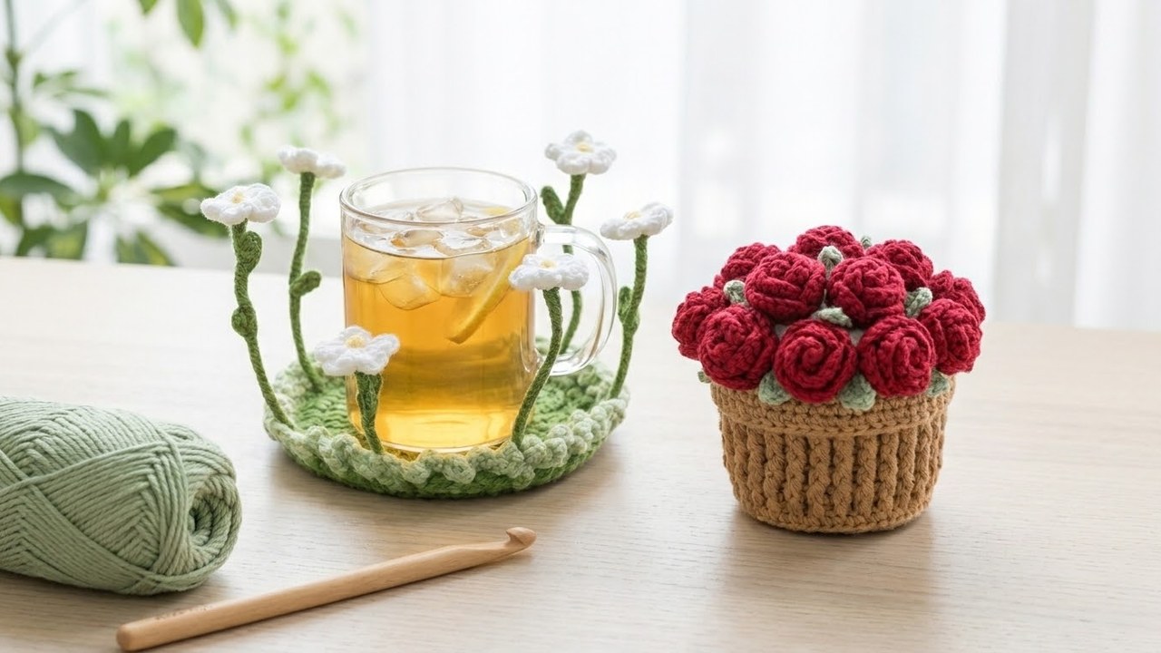Daisy Pop-Up Coaster and 12-Rose Bouquet Pot displayed together on a sunny wooden desk
